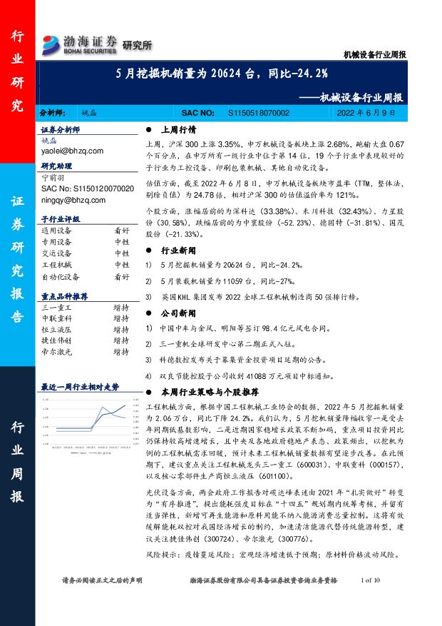 机械设备行业周报：5月挖掘机销量为20624台，同比-24.2% 渤海证券 2022-06-10 附下载