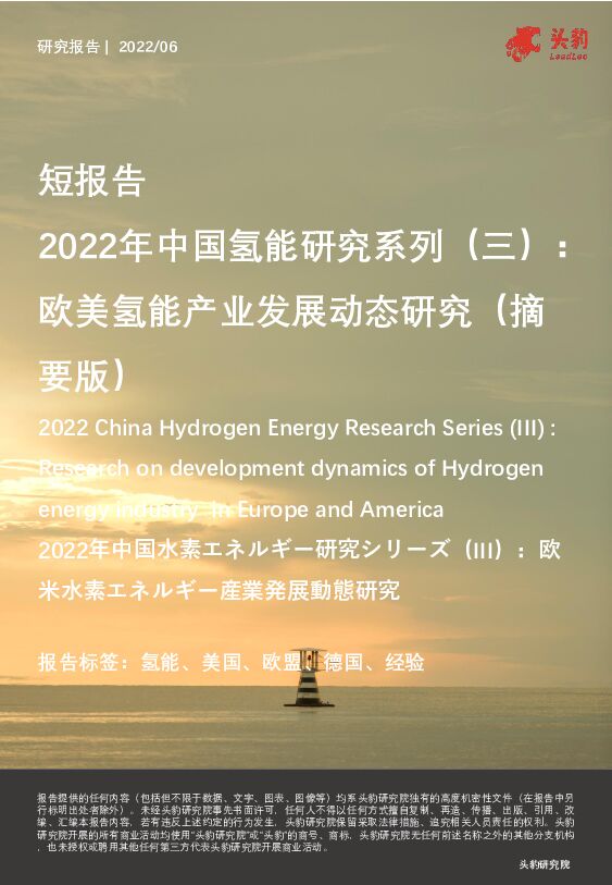 2022年中国氢能研究系列（三）：欧美氢能产业发展动态研究（摘要版） 头豹研究院 2022-08-11 附下载
