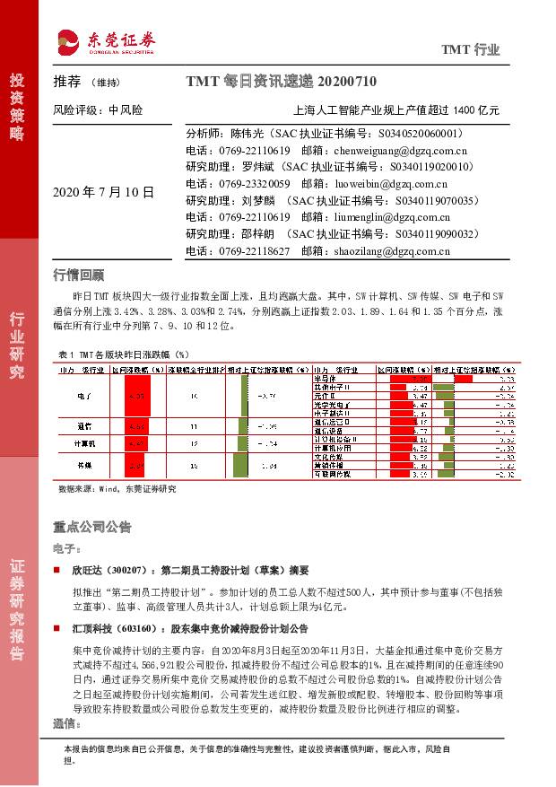TMT每日资讯速递：上海人工智能产业规上产值超过1400亿元 东莞证券 2020-07-10
