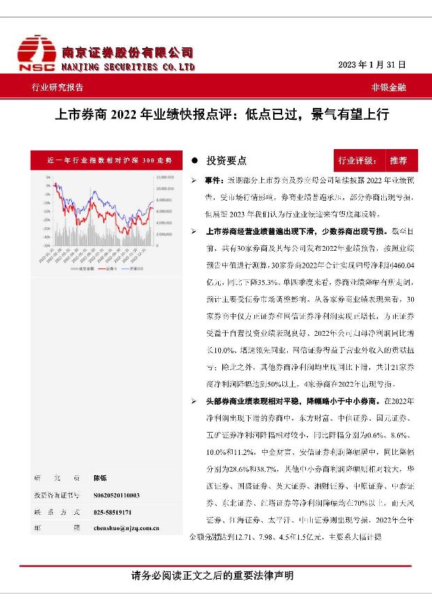 上市券商2022年业绩快报点评：低点已过，景气有望上行 南京证券 2023-02-08 附下载