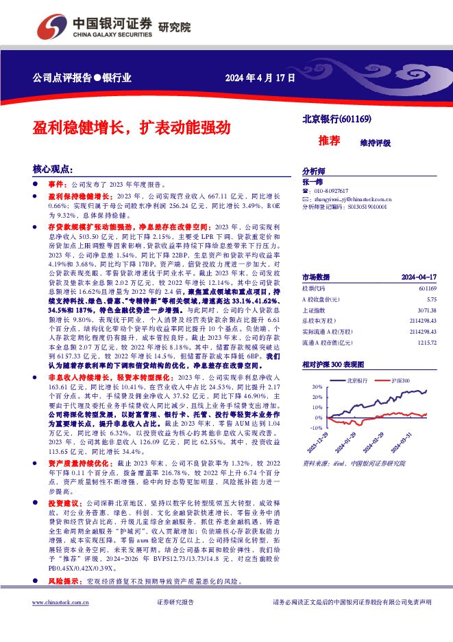 北京银行 盈利稳健增长，扩表动能强劲 中国银河 2024-04-18（3页） 附下载