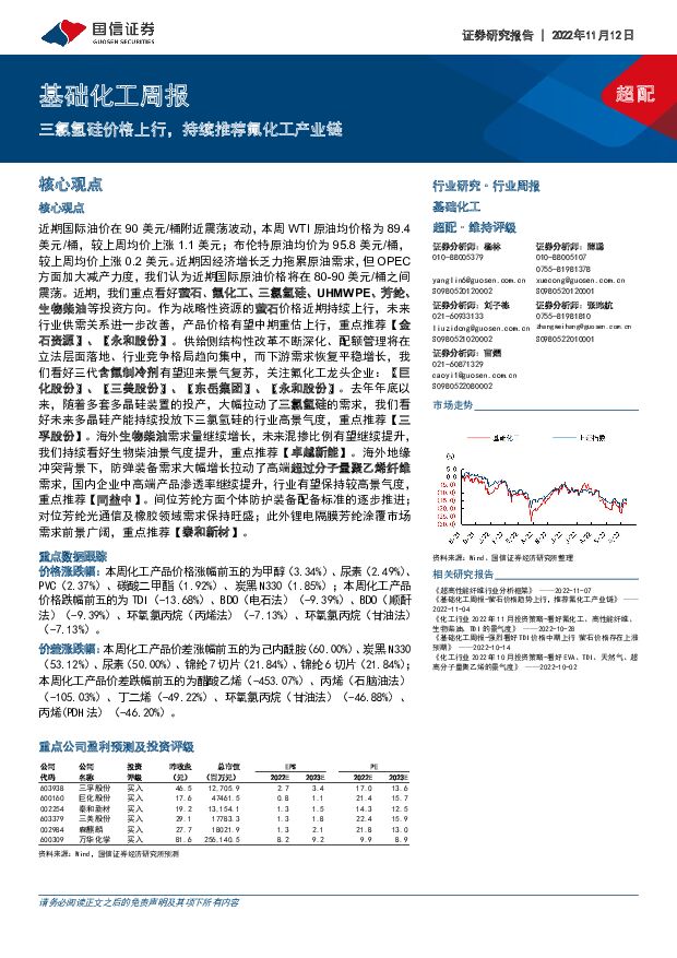 基础化工周报：三氯氢硅价格上行，持续推荐氟化工产业链 国信证券 2022-11-14 附下载