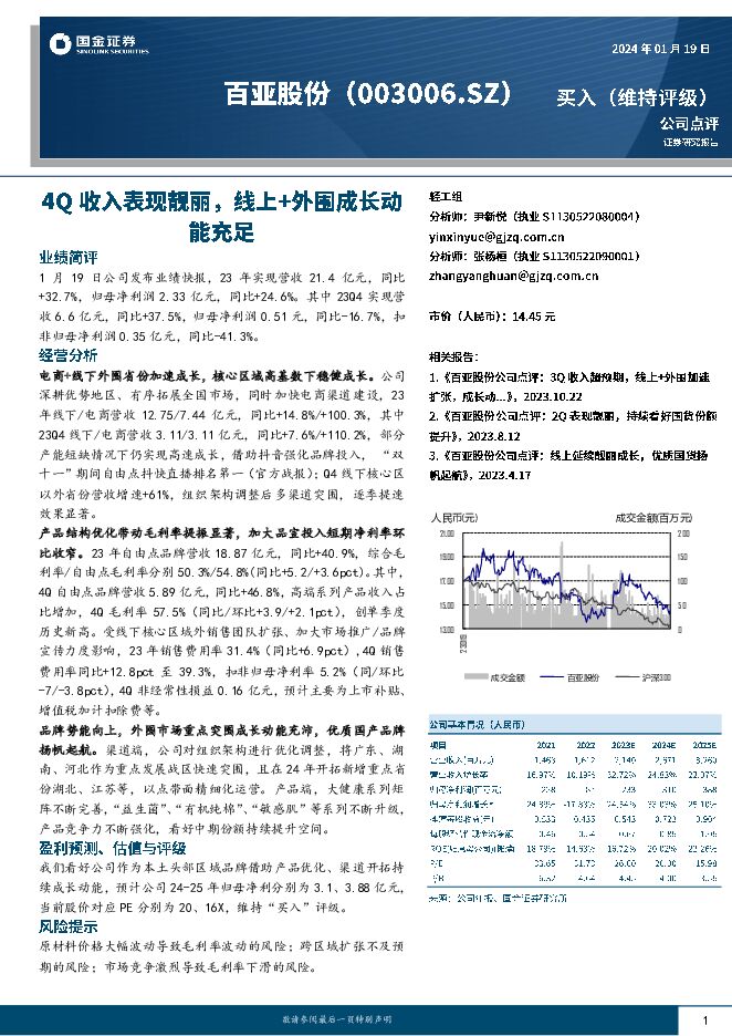 百亚股份 4Q收入表现靓丽，线上+外围成长动能充足 国金证券 2024-01-21（4页） 附下载