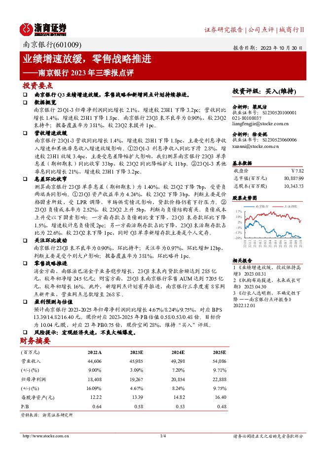 南京银行 业绩增速放缓，零售战略推进 浙商证券 2023-10-31（4页） 附下载
