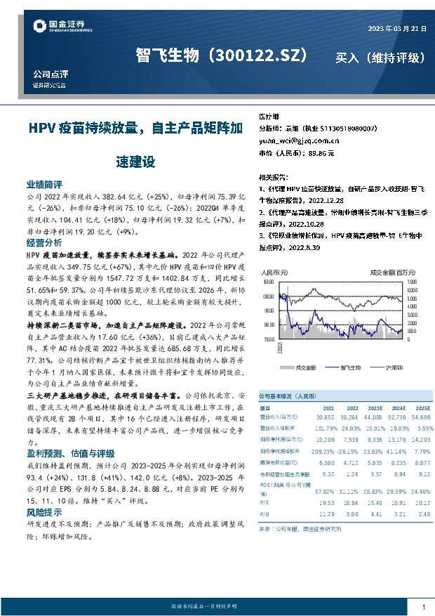 智飞生物 HPV疫苗持续放量，自主产品矩阵加速建设 国金证券 2023-03-21 附下载