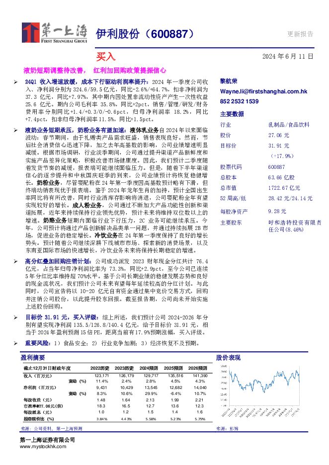 伊利股份 液奶短期调整待改善，红利加回购政策提振信心 第一上海证券 2024-06-12（3页） 附下载