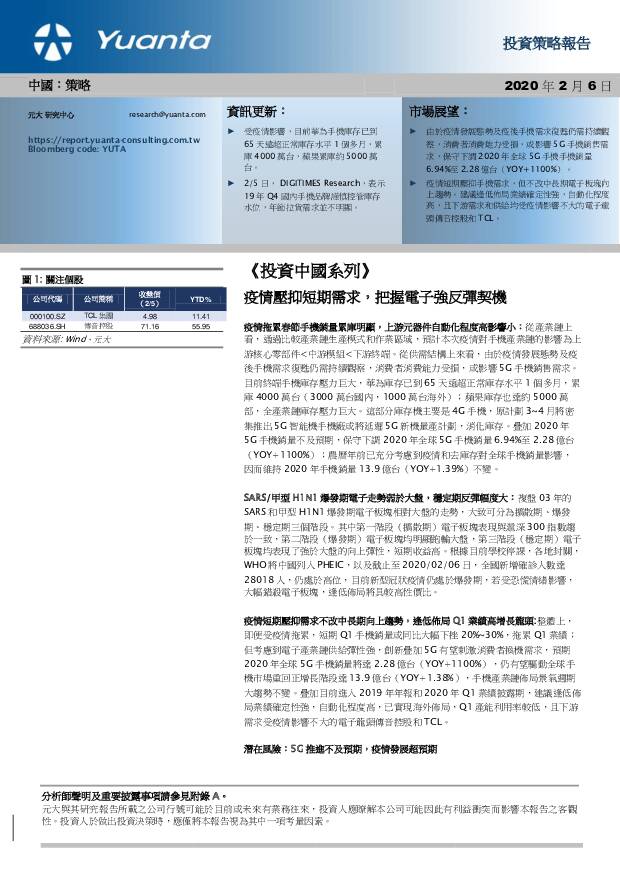 《投资中国系列》：疫情压抑短期需求，把握电子強反弹契机 元大证券(香港) 2020-02-12