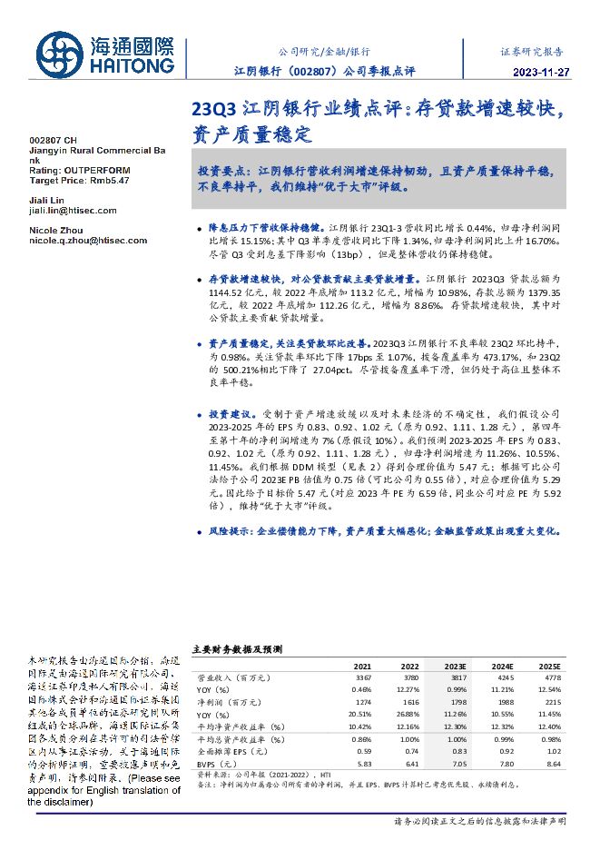 江阴银行 23Q3江阴银行业绩点评：存贷款增速较快，资产质量稳定 海通国际 2023-11-28（12页） 附下载