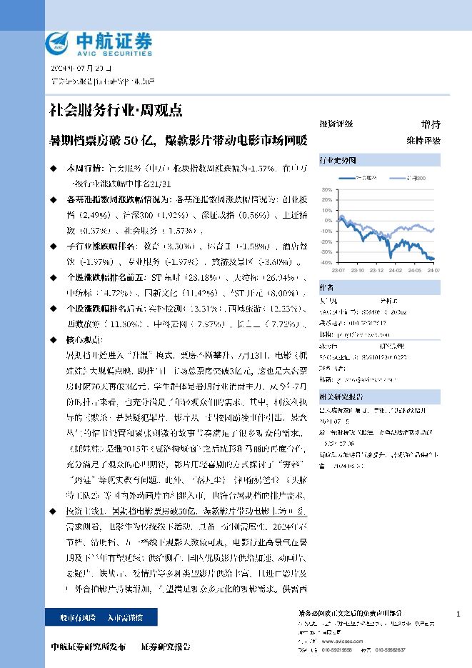 暑期档票房破50亿，爆款影片带动电影市场回暖 中航证券 2024-07-23（11页） 附下载