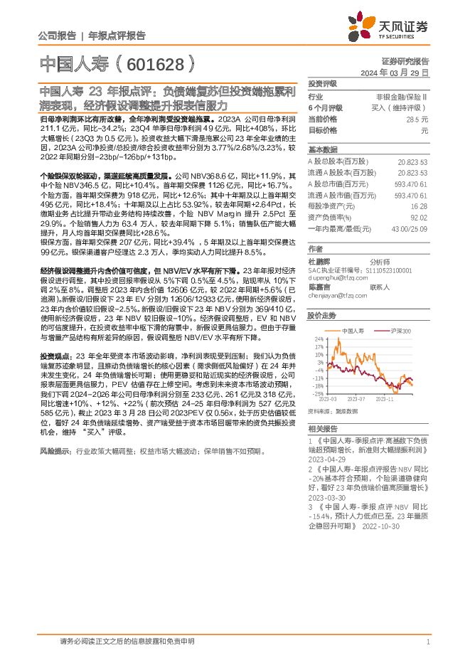 中国人寿 23年报点评：负债端复苏但投资端拖累利润表现，经济假设调整提升报表信服力 天风证券 2024-03-29（4页） 附下载