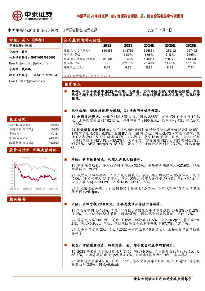 中国平安 23年报点评：NBV增速符合预期，总、综合投资收益率均有提升 中泰证券 2024-04-02（4页） 附下载