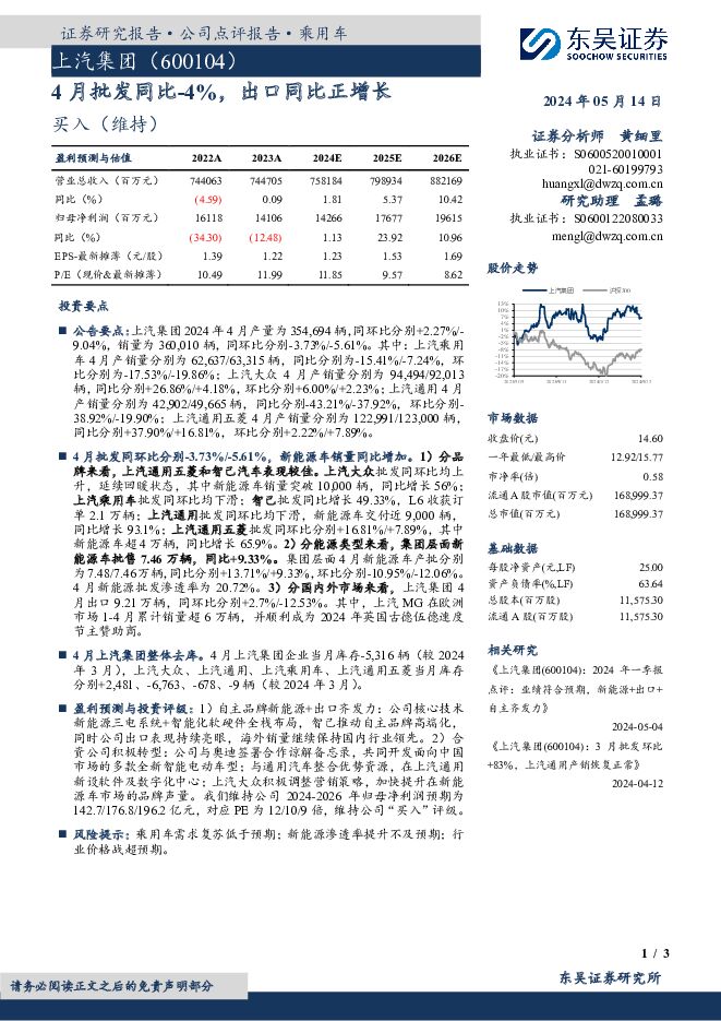 上汽集团 4月批发同比-4%，出口同比正增长 东吴证券 2024-05-14（3页） 附下载