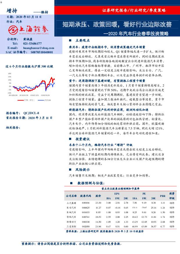 2020年汽车行业春季投资策略：短期承压、政策回暖，看好行业边际改善 上海证券 2020-03-11