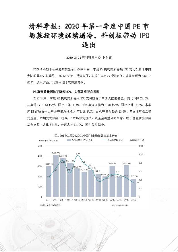 清科季报：2020年第一季度中国PE市场募投环境继续遇冷，科创板带动IPO退出 清科研究中心 2020-05-11