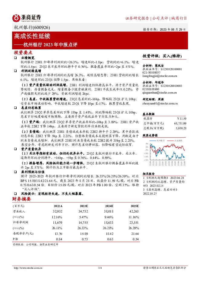 杭州银行 杭州银行2023年中报点评：高成长性延续 浙商证券 2023-08-29（4页） 附下载