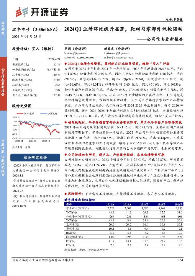 江丰电子 公司信息更新报告：2024Q1业绩环比提升显著，靶材与零部件双轮驱动 开源证券 2024-04-25（4页） 附下载