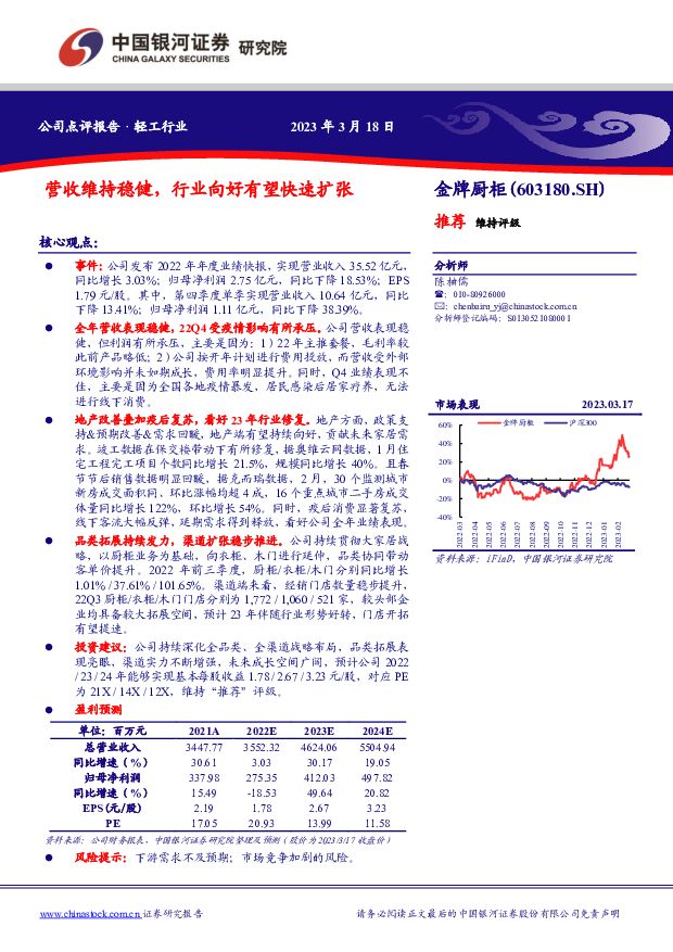 金牌厨柜 营收维持稳健，行业向好有望快速扩张 中国银河 2023-03-19 附下载