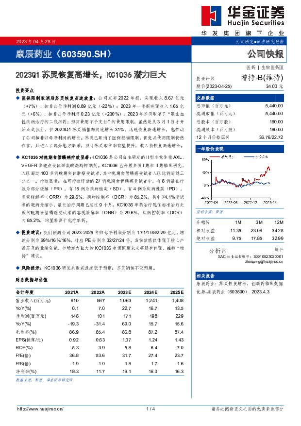 康辰药业 2023Q1苏灵恢复高增长，KC1036潜力巨大 华金证券 2023-04-26（4页） 附下载