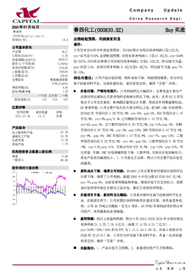 鲁西化工 业绩略超预期，利润修复明显 群益证券 2024-07-08（3页） 附下载