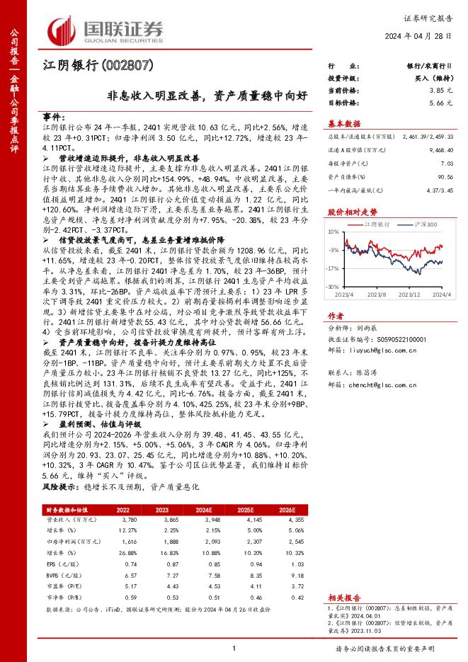 江阴银行 非息收入明显改善，资产质量稳中向好 国联证券 2024-04-28（3页） 附下载
