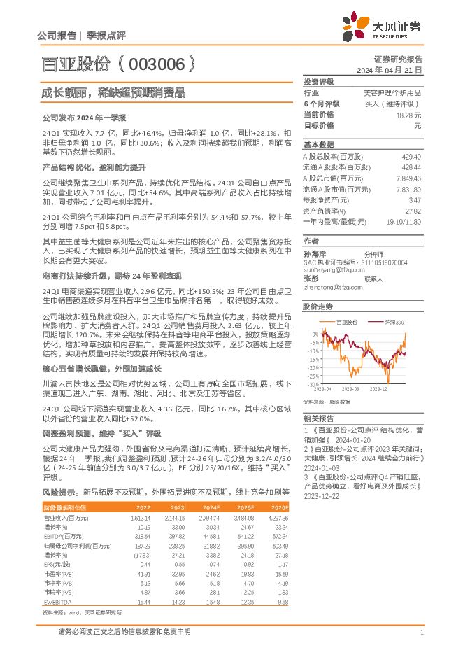 百亚股份 成长靓丽，稀缺超预期消费品 天风证券 2024-04-22（3页） 附下载