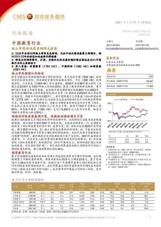 中国教育行业：独立学院转设获里程碑式进展 招商证券(香港) 2021-01-15