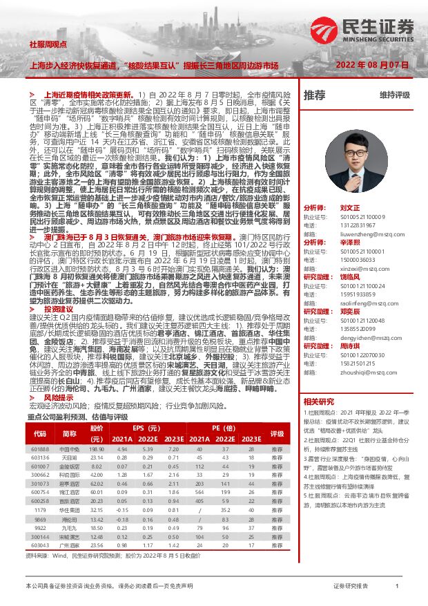 社服周观点：上海步入经济快恢复通道，“核酸结果互认”提振长三角地区周边游市场 民生证券 2022-08-08 附下载