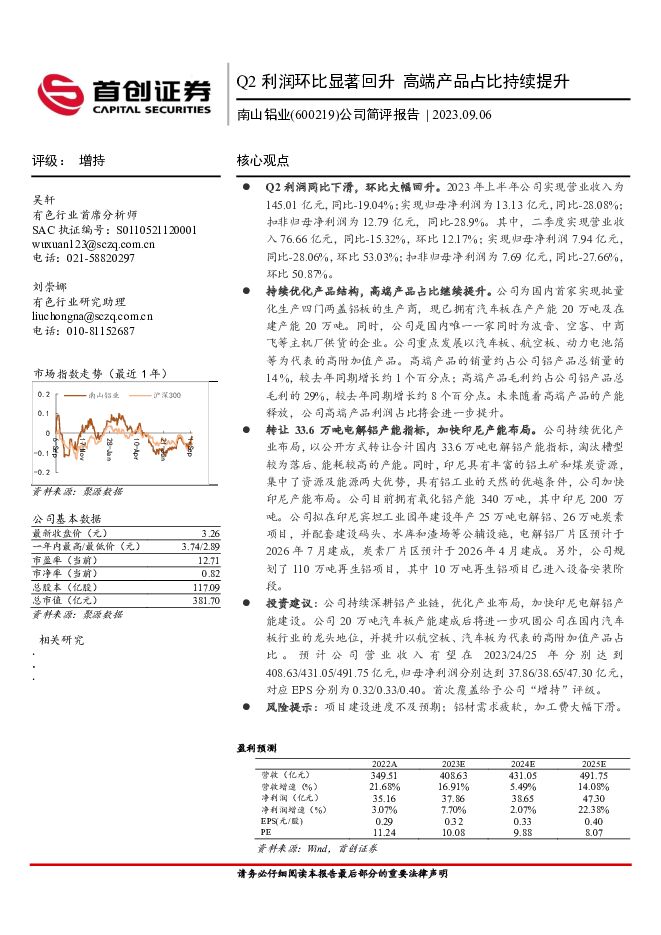 南山铝业 公司简评报告：Q2利润环比显著回升 高端产品占比持续提升 首创证券 2023-09-07（3页） 附下载