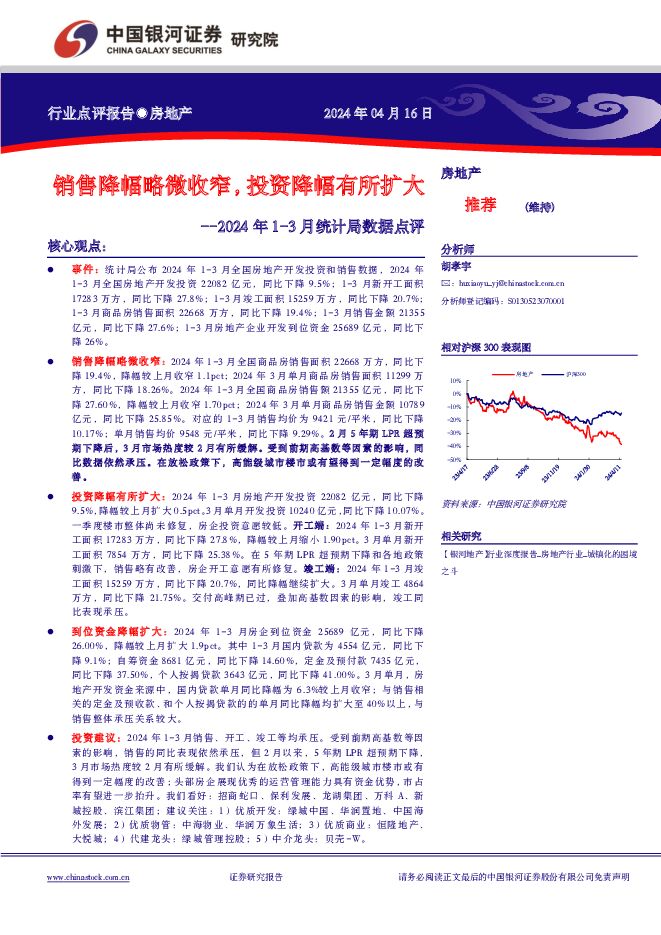 房地产行业2024年1-3月统计局数据点评：销售降幅略微收窄，投资降幅有所扩大 中国银河 2024-04-16（8页） 附下载