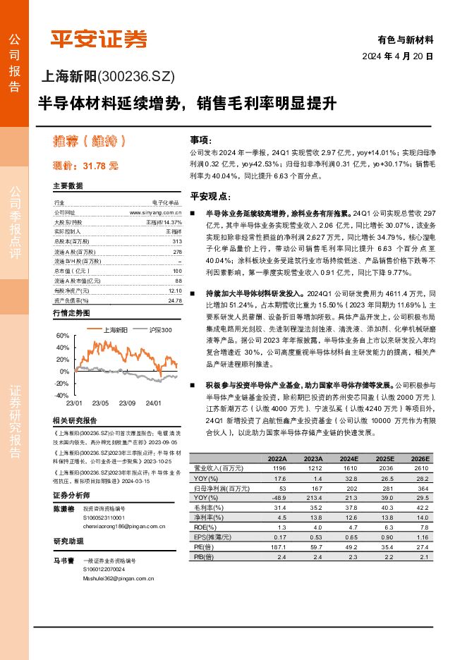 上海新阳 半导体材料延续增势，销售毛利率明显提升 平安证券 2024-04-21（4页） 附下载