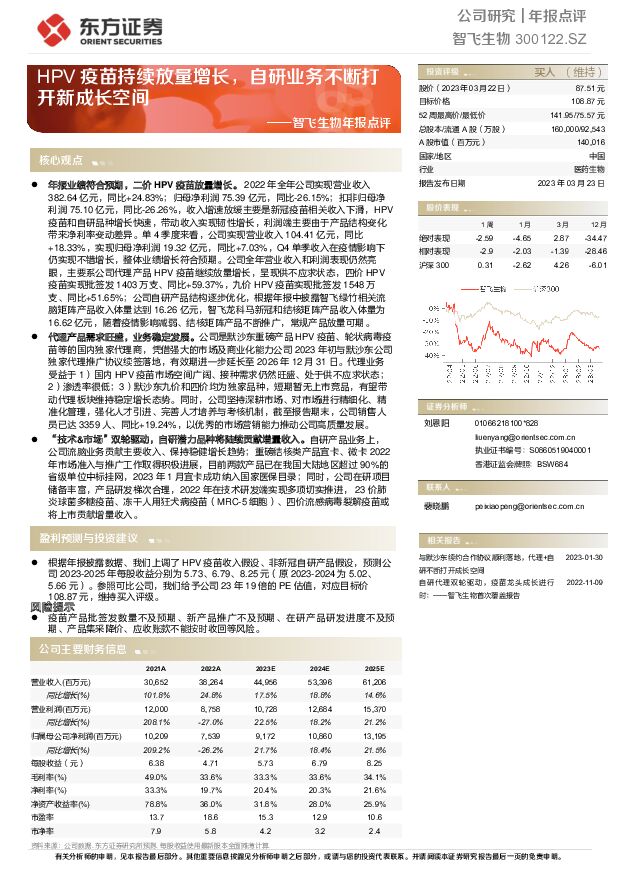 智飞生物 智飞生物年报点评：HPV疫苗持续放量增长，自研业务不断打开新成长空间 东方证券 2023-03-24 附下载