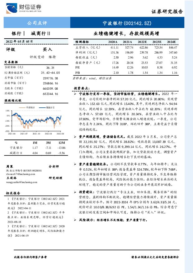 宁波银行 业绩稳健增长，存款规模高增 财信证券 2022-05-06 附下载