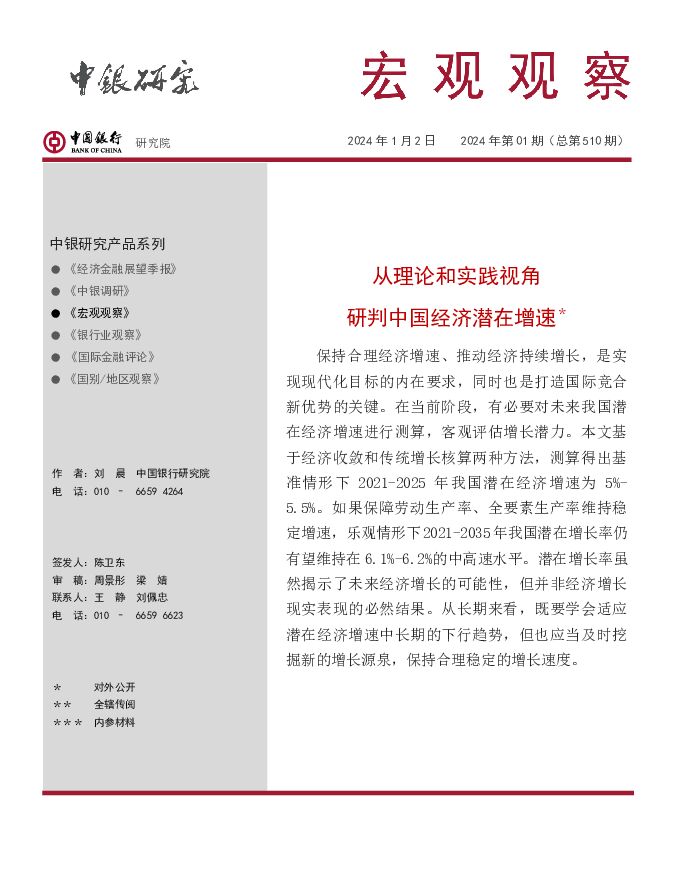 宏观观察2024年第01期（总第510期）：从理论和实践视角研判中国经济潜在增速 中国银行 2024-01-02（17页） 附下载