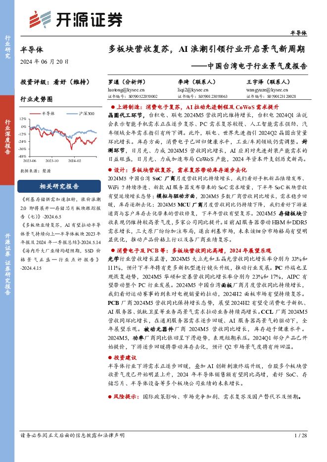 中国台湾电子行业景气度报告：多板块营收复苏，AI浪潮引领行业开启景气新周期 开源证券 2024-06-20（28页） 附下载