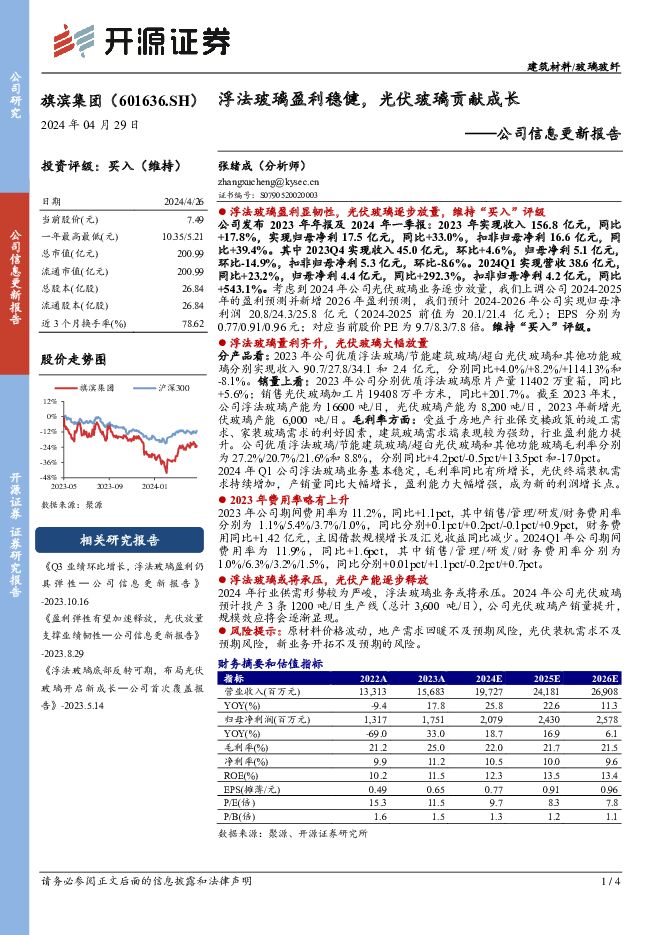 旗滨集团 公司信息更新报告：浮法玻璃盈利稳健，光伏玻璃贡献成长 开源证券 2024-04-29（4页） 附下载