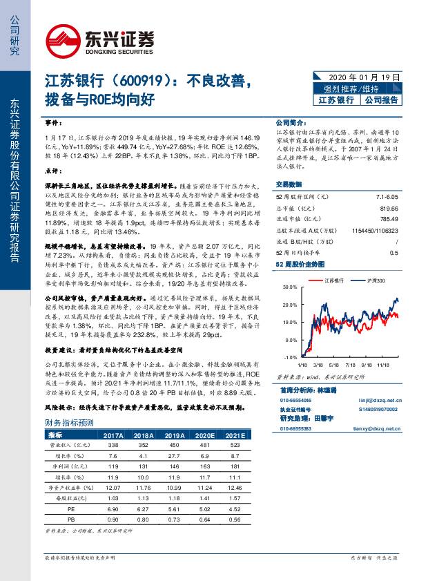 江苏银行 不良改善，拨备与ROE均向好 东兴证券 2020-01-20