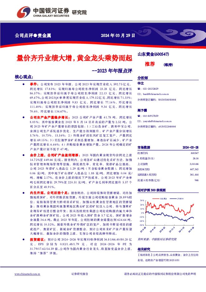 山东黄金 量价齐升业绩大增，黄金龙头乘势而起--2023年年报点评 中国银河 2024-03-30（4页） 附下载