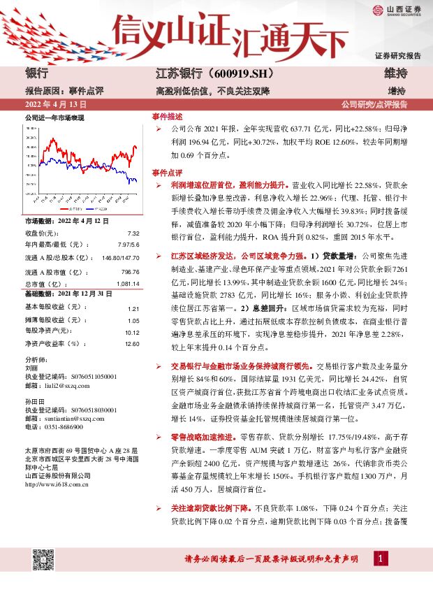 江苏银行 高盈利低估值，不良关注双降 山西证券 2022-04-13 附下载