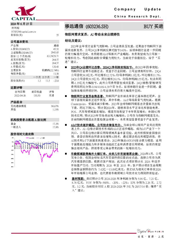 移远通信 物联网需求复苏，AI带动未来业绩弹性 群益证券 2024-06-28（3页） 附下载