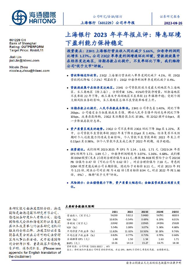 上海银行 上海银行2023年半年报点评：降息环境下盈利能力保持稳定 海通国际 2023-10-20（13页） 附下载