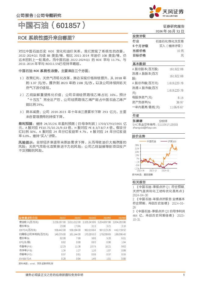 中国石油 ROE系统性提升来自哪里？ 天风证券 2024-06-13（7页） 附下载