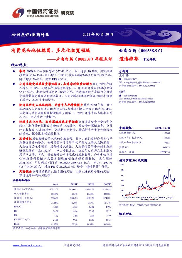云南白药 年报点评：消费龙头地位稳固，多元化拓宽领域 中国银河 2021-03-31