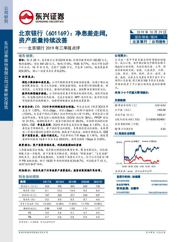 北京银行 北京银行2019年三季报点评：净息差走阔，资产质量持续改善 东兴证券 2019-10-31