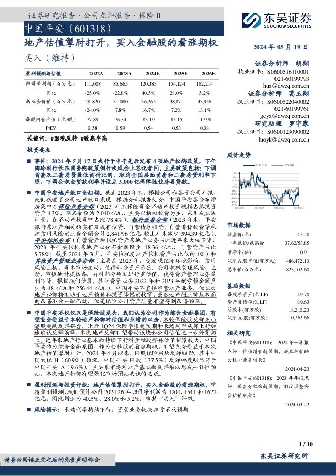 中国平安 地产估值掣肘打开，买入金融股的看涨期权 东吴证券 2024-05-19（10页） 附下载