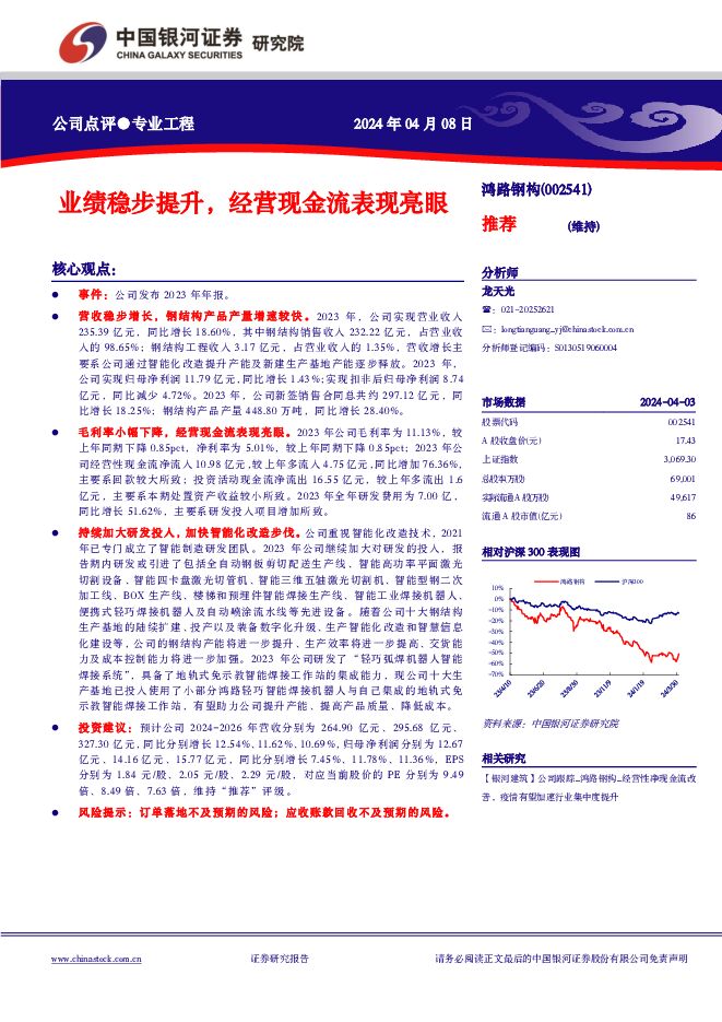 鸿路钢构 业绩稳步提升，经营现金流表现亮眼 中国银河 2024-04-08（3页） 附下载