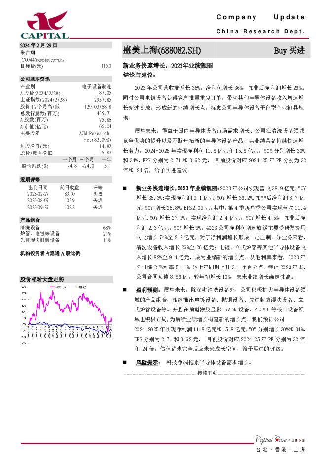 盛美上海 新业务快速增长，2023年业绩靓丽 群益证券 2024-02-29（3页） 附下载