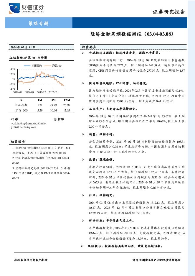 策略专题：经济金融高频数据周报 财信证券 2024-03-12（22页） 附下载