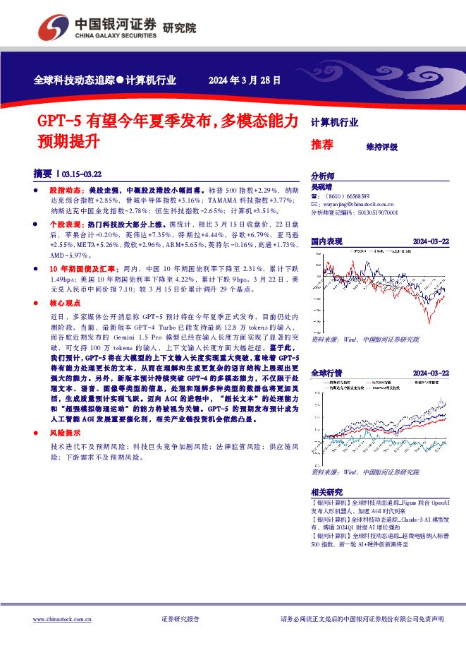 计算机行业全球科技动态追踪：GPT-5有望今年夏季发布，多模态能力预期提升 中国银河 2024-03-29（13页） 附下载