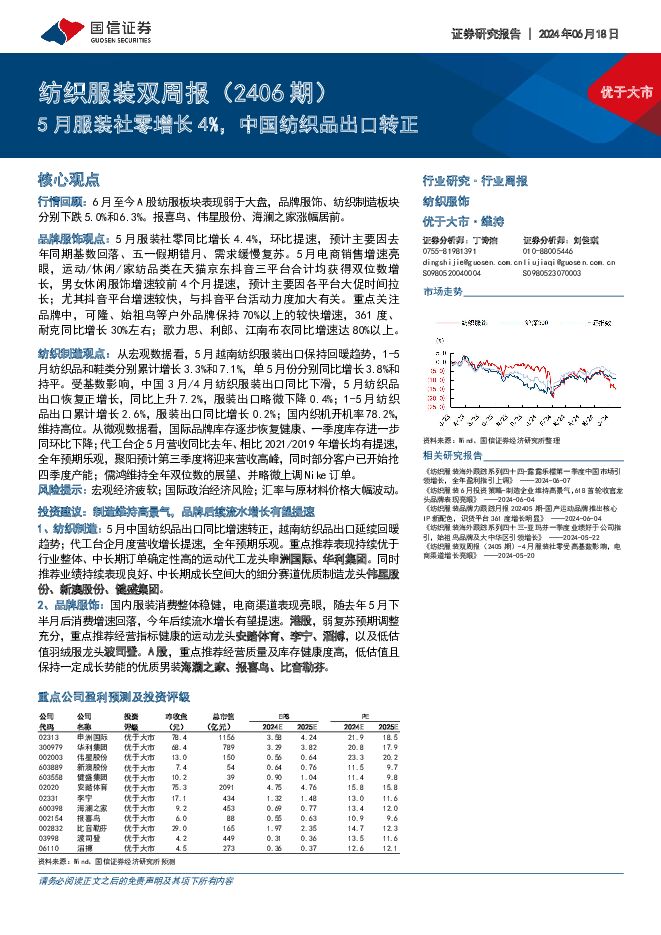 纺织服装双周报（2406期）：5月服装社零增长4%，中国纺织品出口转正 国信证券 2024-06-18（15页） 附下载