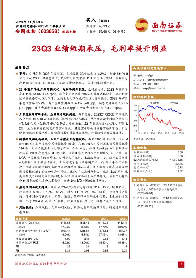 安图生物 2023年三季报点评：23Q3业绩短期承压，毛利率提升明显 西南证券 2023-11-09（6页） 附下载